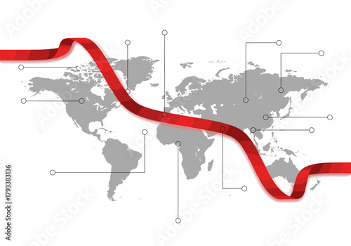Global financial data charting economic trends across the world map with dynamic red ribbon visualization