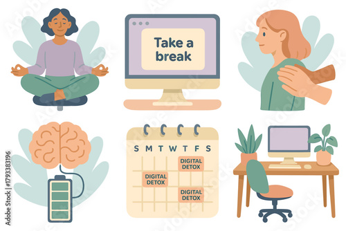 Promoting work life balance with wellness icons for modern office mental health and self care concepts