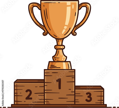 Trophy cup on wooden winners podium symbolizing first place victory and achievement in competition or sports event 