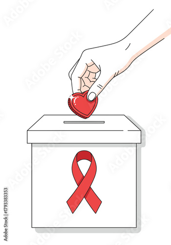 Generous hand places vibrant red heart into donation box adorned with awareness ribbon, symbolizing support and care.