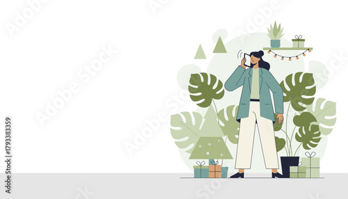 Modern woman on a phone call surrounded by houseplants and Christmas decor