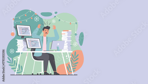 Seasonal work stress and burnout Man overwhelmed by papers and data screens at Christmas