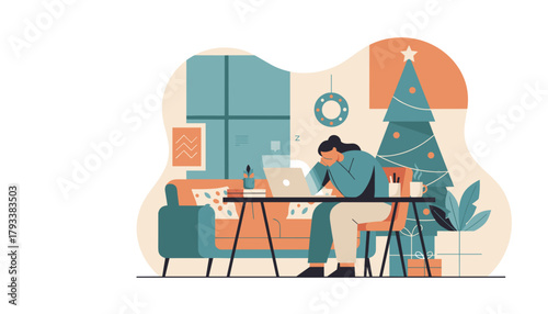 Overworked woman exhausted at her home office desk during the Christmas holiday season