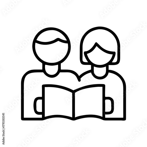 Couple reading a book together in a minimalist line art style  