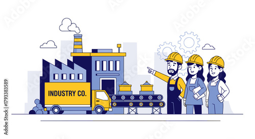 Team of industrial workers inspects manufacturing operations factory building conveyor belt and truck