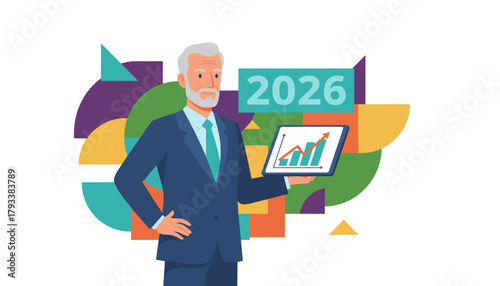 Senior executive showing 2026 business growth plan on tablet Financial success concept