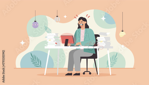 Angry businesswoman overwhelmed by excessive workload and paperwork at office desk