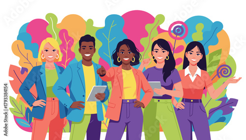 Diverse smiling people holding tablets symbolizing teamwork and innovation