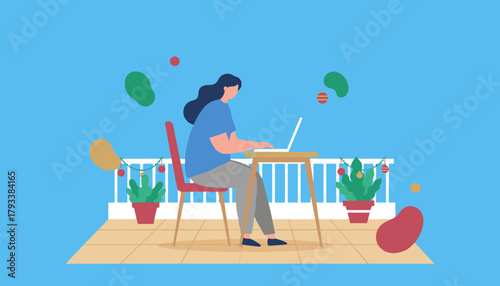 Woman working remotely on a laptop on a decorated balcony Home office WFH digital lifestyle concept