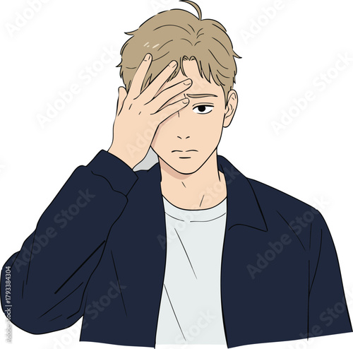 Young man with blonde hair covering face with hand in thoughtful pose vector illustration 