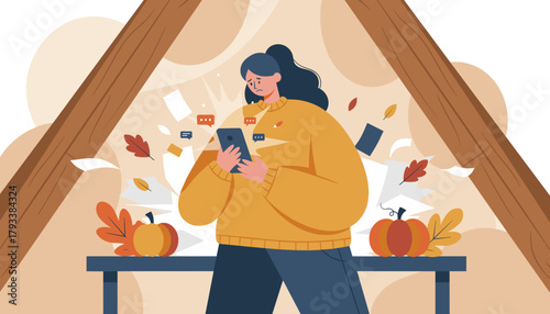 Stressed woman overwhelmed by messages and fall deadlines Digital communication fatigue concept