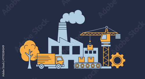 Manufacturing supply chain illustration factory crane truck and logistics conveyor
