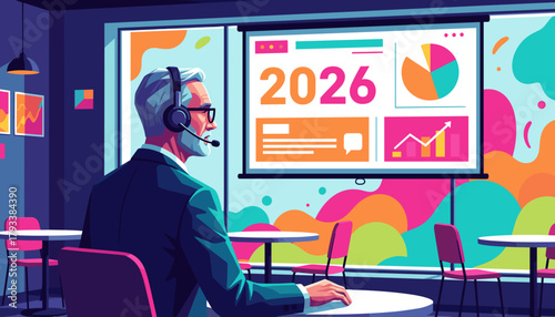 Executive presenting 2026 strategy and growth metrics via a video conference screen