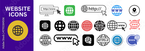 WWW icons, domain address symbols, internet design elements, global web icons, online branding and digital connection set