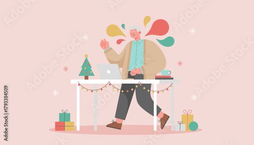 Happy senior doing a holiday video call on laptop at a festive decorated desk