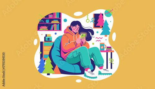 Young person relaxing on a bean bag using a smartphone at home Cozy digital connection illustration