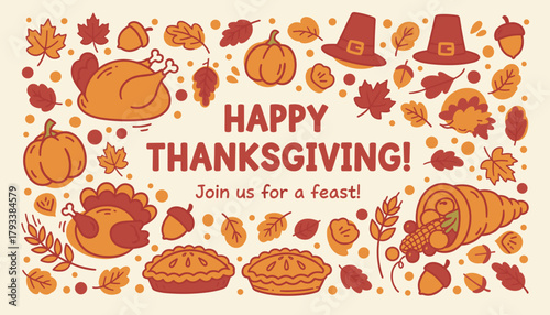 Cute Happy Thanksgiving doodle background with turkey pie pumpkin and autumn foliage for fall celebrations