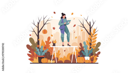 Professional woman working on laptop amidst autumn foliage and pumpkins Fall seasonal business illustration