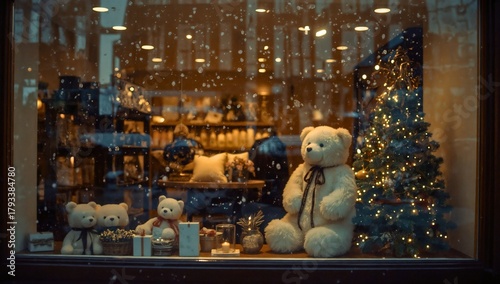 A boutique shop window glowing with teddy bears, soft lights, snowflakes collecting on the glass, revealing a warm and inviting interior. A festive, charming city winter scene.
