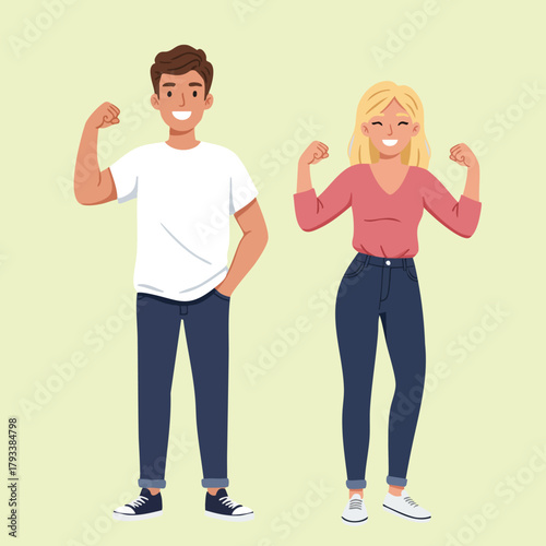 Young man and woman flexing muscles showing strength and confidence in casual clothing vector illustration 