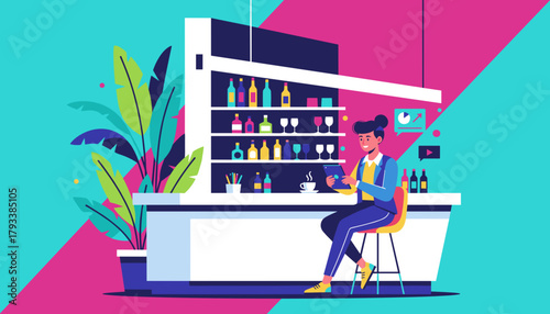 Professional woman uses tablet at a colorful bar counter blending remote work and leisure