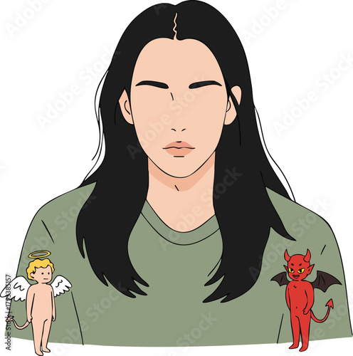 Woman with angel and devil on shoulders representing inner conflict and moral choices vector illustration 