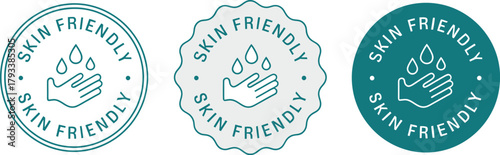 Skin Friendly label vector set with hand and water drop icon in various teal shades, ideal for hypoallergenic cosmetic product packaging.