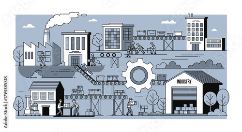 Industrial production chain vector illustration Factory warehouse workers and goods logistics