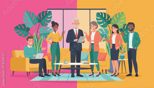 Diverse business team collaborating in a colorful modern office space with plants