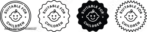 Suitable for Children stamp or badge vector set with a smiling baby face icon, ideal for toy and kids product safety packaging.