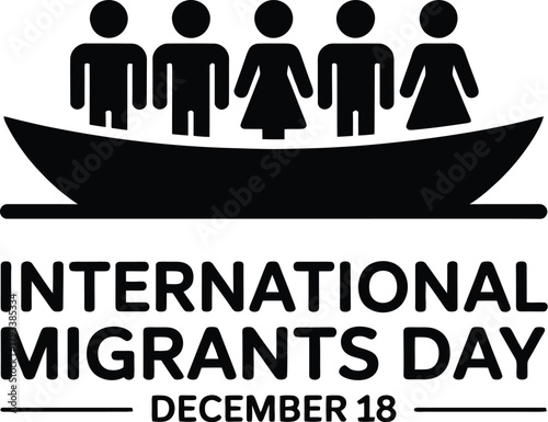 International Migrants Day black and white vector graphic of five diverse people standing in a small boat, observed on December 18.