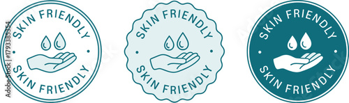 Skin Friendly label set with hand and water drop icon in various teal shades, ideal for hypoallergenic cosmetic product packaging.