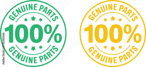 100% Genuine Parts assurance label vector set in green and yellow for automotive, machinery, and manufacturing products.