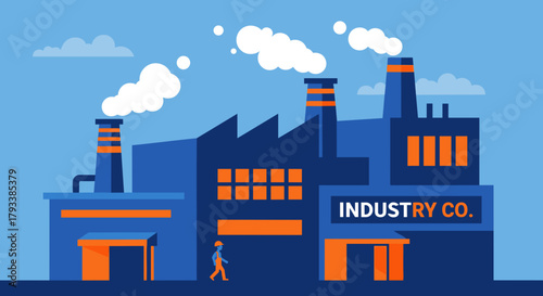 Flat vector illustration of a large industrial factory building smokestacks pollution and worker