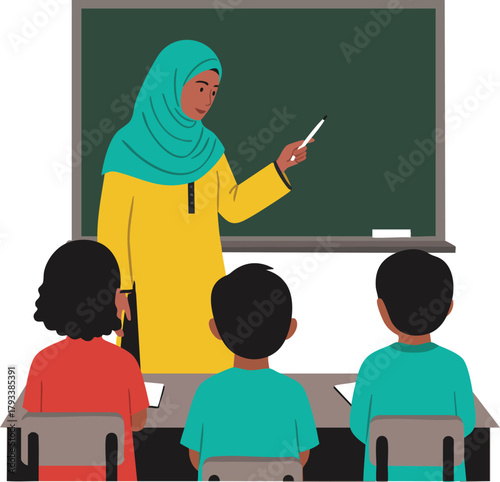 Female teacher wearing hijab instructing young students in classroom with blackboard teaching scene vector illustration 