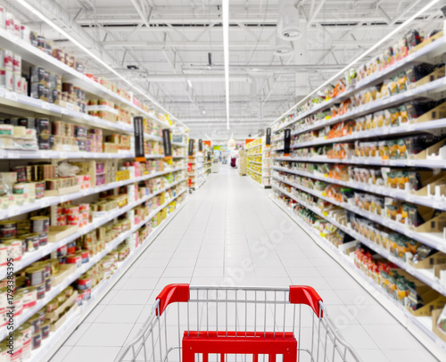 empty grocery cart in an empty supermarket