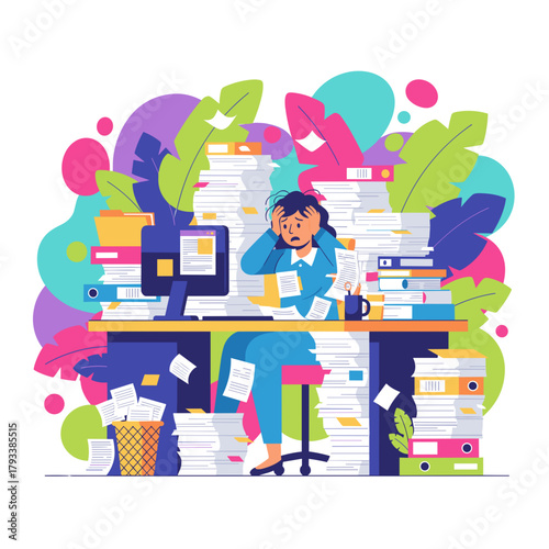 Overworked office employee suffering from job burnout surrounded by stacks of documents and files