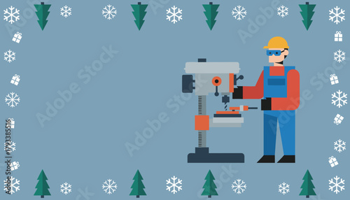 Man operating machinery in safety gear seasonal border Labor and Christmas vector background