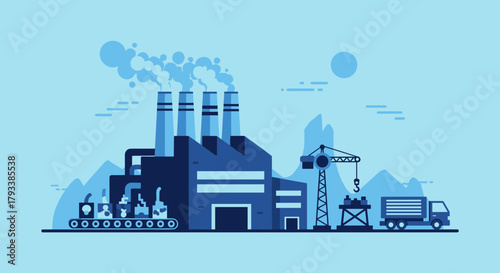 Industrial factory complex with smoking chimneys production line crane and delivery truck