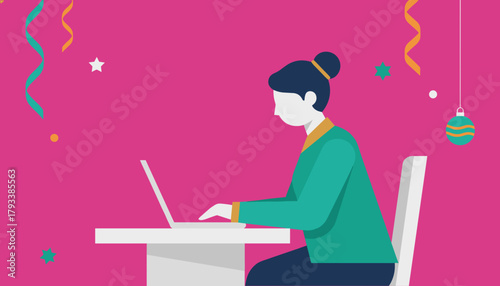 Professional woman working remotely on a laptop amidst festive holiday decorations Flat vector illustration