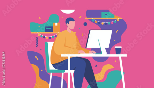 Creative professional working on desktop computer in a vibrant festive home office illustration
