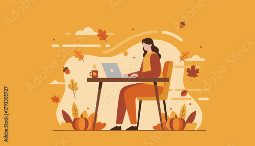 Cozy autumn remote work Woman using laptop surrounded by fall leaves pumpkins and hot coffee