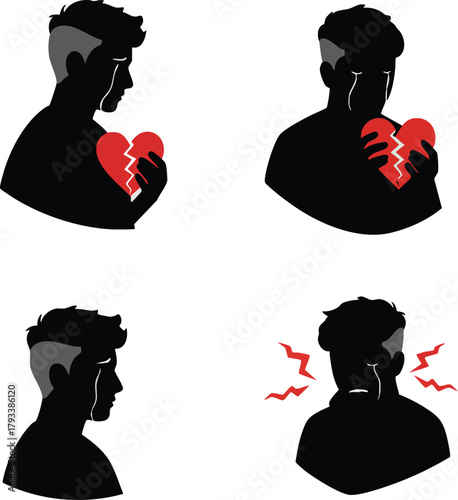 Broken heart emotions male silhouette vector illustration showing sadness pain and stress in black and red colors 