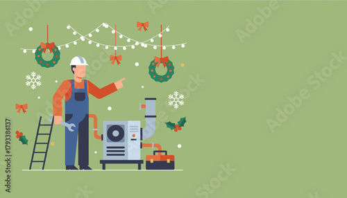 HVAC technician servicing a boiler unit during the Christmas holidays Heating repair vector illustration