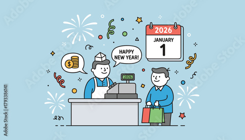Shop clerk greets customer on New Years Day 2026 Retail sales commerce and future business concepts