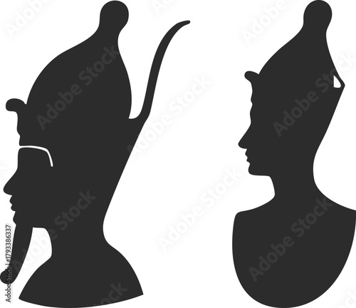 Silhouette of Ancient Egyptian Pharaoh Profile Vector Illustration in Black and White with Crown and Beard Detail 