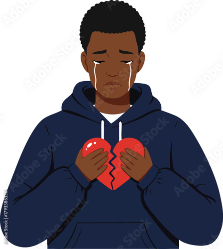 Young man holding broken heart crying expressing sadness and emotional pain vector illustration 