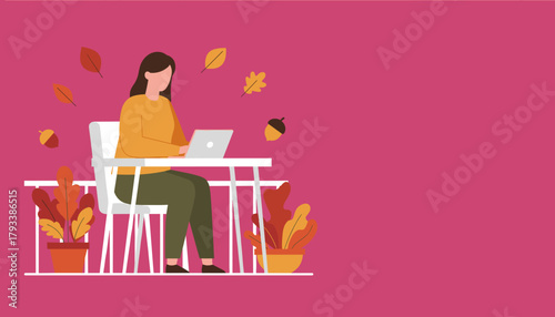 Remote work in autumn Woman uses laptop on a balcony with fall leaves and plants