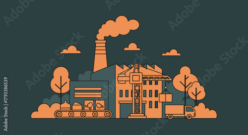Flat illustration of a large industrial factory production line crane and delivery truck
