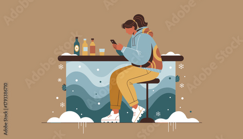 Woman in winter clothes texting on phone while sitting at a cozy bar counter with drinks